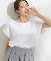 【洗える/S-LL/体型カバー】レース使いが華やか フレンチスリーブコットンTシャツ