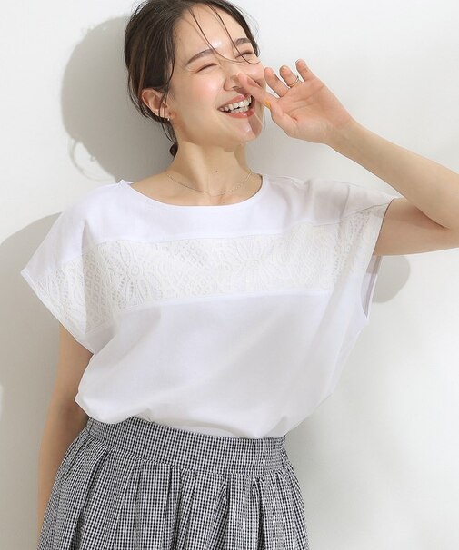 【洗える/S-LL/体型カバー】レース使いが華やか フレンチスリーブコットンTシャツ