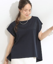 【洗える/S-LL/体型カバー】レース使いが華やか フレンチスリーブコットンTシャツ