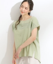 【洗える/S-LL/体型カバー】レース使いが華やか フレンチスリーブコットンTシャツ