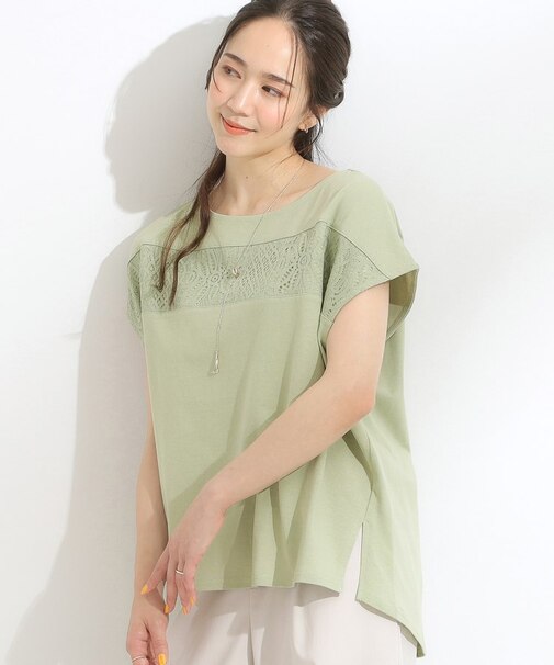 【洗える/S-LL/体型カバー】レース使いが華やか フレンチスリーブコットンTシャツ