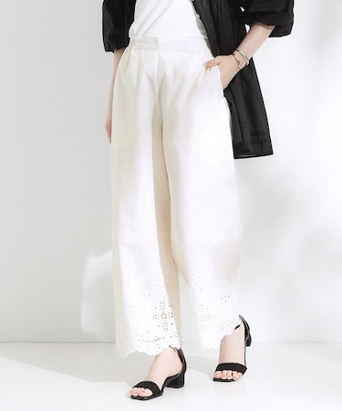 【S-LL】華やかさをプラスする 裾刺繍ストレートパンツ