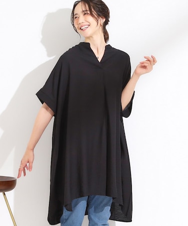 【S-LL/ひんやり】涼しく楽に体型カバー　ゆったりスキッパー半袖チュニック