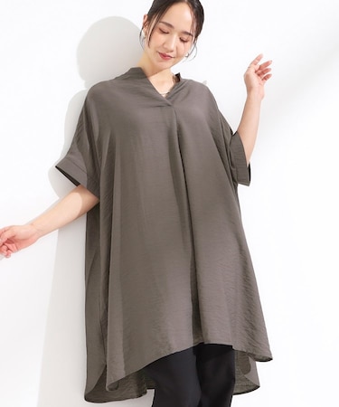 【S-LL/ひんやり】涼しく楽に体型カバー　ゆったりスキッパー半袖チュニック