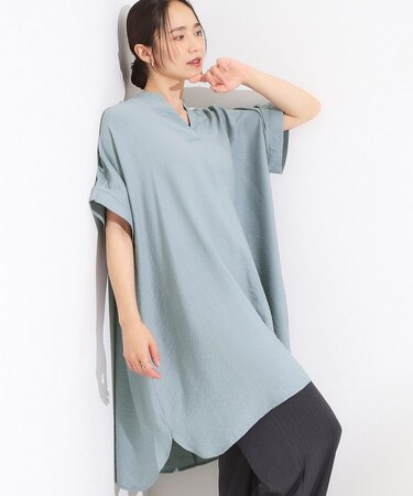 【S-LL/ひんやり】涼しく楽に体型カバー ゆったりスキッパー半袖チュニック