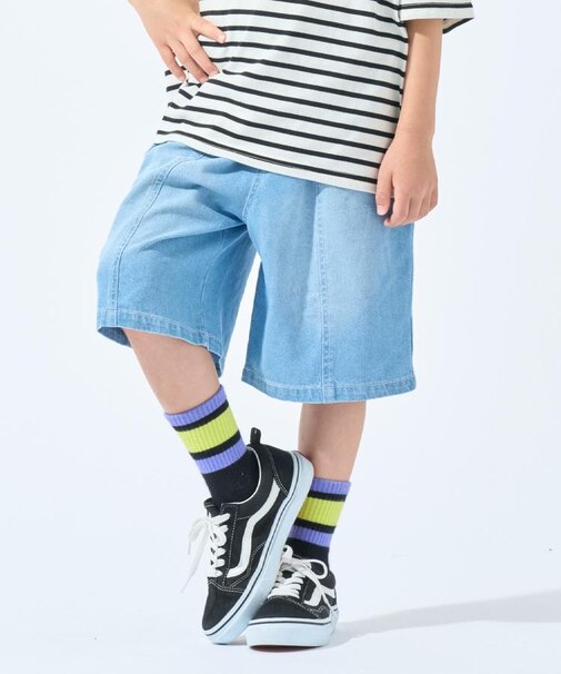 【100-150cm/ひんやり】ゆったりシルエットの デニムハーフパンツ