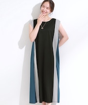 【S-LL/ひんやり】全身すっきり見えが楽に叶う サイド切替 バイカラーAラインワンピース