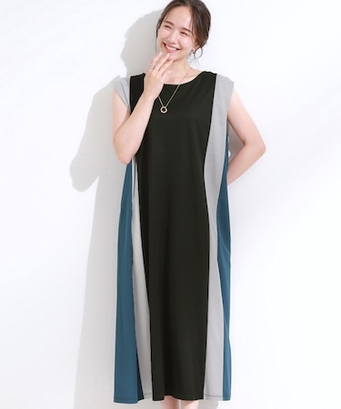 【S-LL/ひんやり】全身すっきり見えが楽に叶う サイド切替 バイカラーAラインワンピース