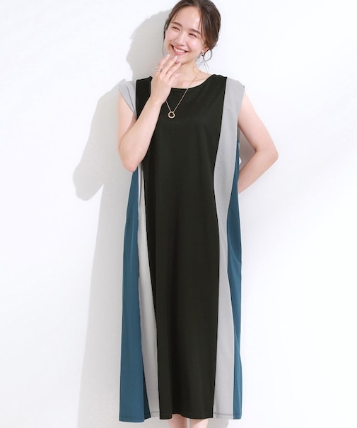 【S-LL/ひんやり】全身すっきり見えが楽に叶う サイド切替 バイカラーAラインワンピース