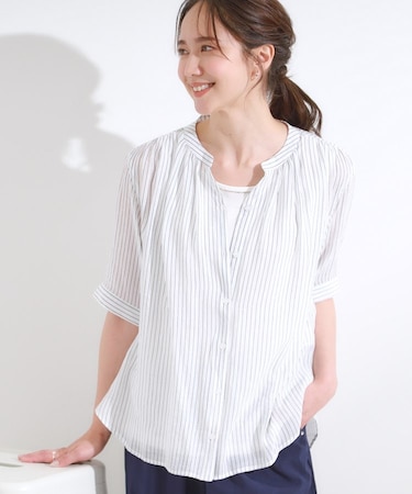 【S-LL/2点セット】着るだけでコーデが決まる 麻調5分袖ブラウス＋タンクトップ