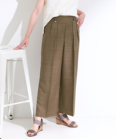 【S-LL/洗濯後しわになりにくい】ゴールドパーツできれい見え 麻調タックワイドパンツ