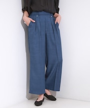 【S-LL/洗濯後しわになりにくい】ゴールドパーツできれい見え 麻調タックワイドパンツ