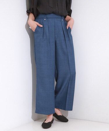【S-LL/洗濯後しわになりにくい】ゴールドパーツできれい見え 麻調タックワイドパンツ