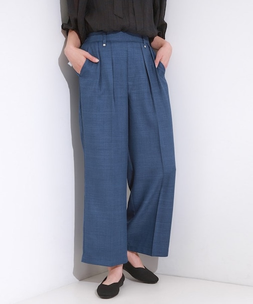 【S-LL/洗濯後しわになりにくい】ゴールドパーツできれい見え 麻調タックワイドパンツ