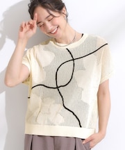 【S-LL】にょろにょろ刺繍 透かし編みニット