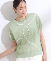 【S-LL】にょろにょろ刺繍 透かし編みニット