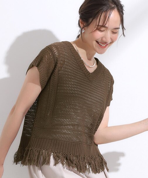 【S-LL】裾フリンジマクラメVネックニット