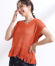 【S-LL】裾フリンジマクラメVネックニット