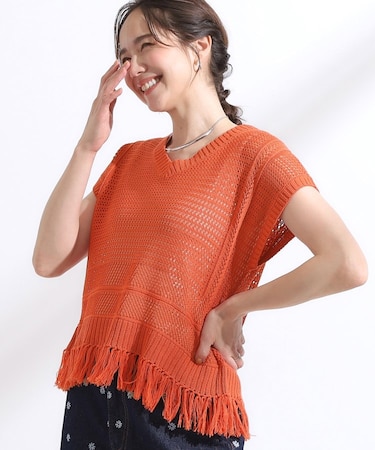 【S-LL】裾フリンジマクラメVネックニット
