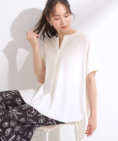 【ひんやり】さらりとしたタッチが上品見え ワンボタンデザイン トップス