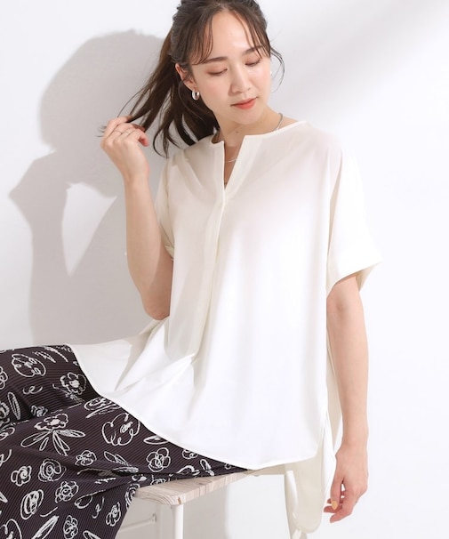 【ひんやり】さらりとしたタッチが上品見え ワンボタンデザイン トップス