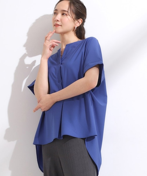 【ひんやり】さらりとしたタッチが上品見え ワンボタンデザイン トップス