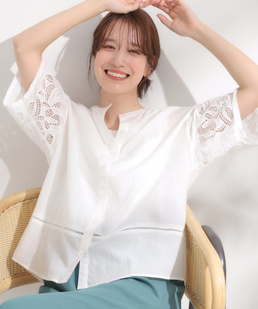 【S-LL/6分袖】レースデザインで華やか見え お袖刺繍ブラウス