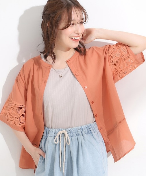 【S-LL/6分袖】レースデザインで華やか見え お袖刺繍ブラウス