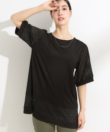 【ひんやり/S-LL/洗える】シアーチェックが涼やか 5分袖チュニック