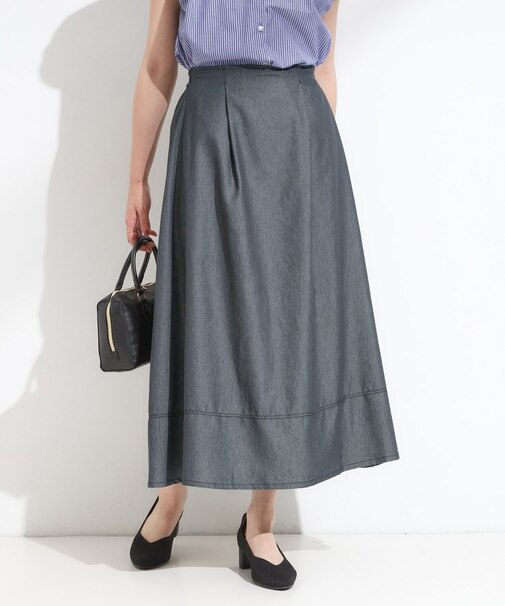 【S-LL】配色ステッチがアクセント デニムフレアスカート