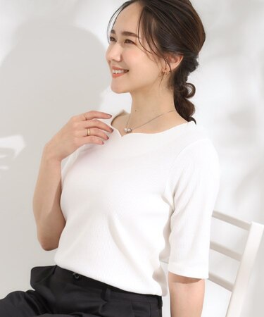 【S-LL】女性らしさ漂うハートネック テレコ5分袖トップス