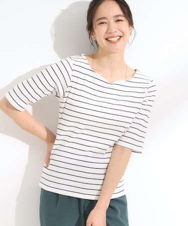【S-LL】女性らしさ漂うハートネック テレコ5分袖トップス