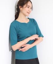 【S-LL】女性らしさ漂うハートネック テレコ5分袖トップス