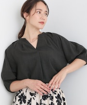 【S-LL/洗濯後しわになりにくい】ランタン5分袖 スキッパーブラウス