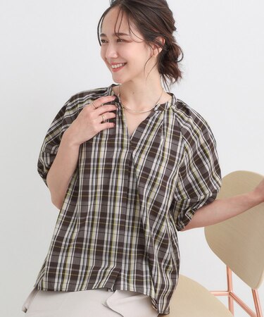 【S-LL/洗濯後しわになりにくい】ランタン5分袖 スキッパーブラウス