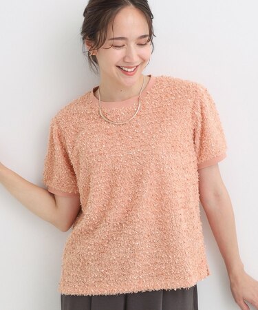 【S-LL】大人も着やすい愛らしさ リボンヤーン半袖トップス