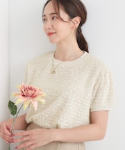 【S-LL】大人も着やすい愛らしさ リボンヤーン半袖トップス