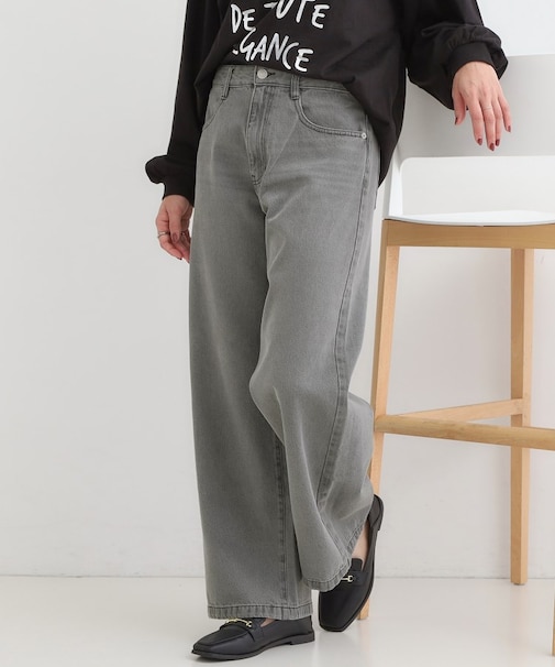【SS-LL】脚のラインを拾いにくい デニムワイドパンツ