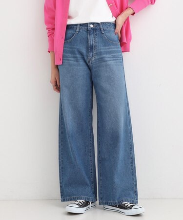 【SS-LL】脚のラインを拾いにくい デニムワイドパンツ