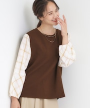 【S-LL】1枚できまる お袖チェック 異素材使いトップス