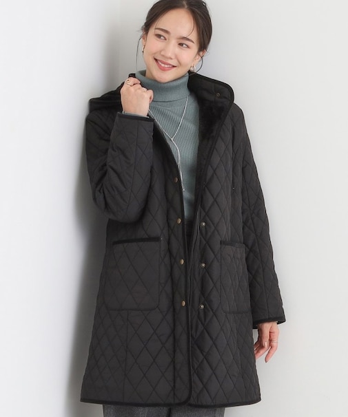 【撥水/フード取り外し可】自然にくびれる あったかダイヤ柄キルトコート