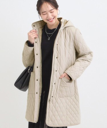 【撥水/フード取り外し可】自然にくびれる あったかダイヤ柄キルトコート