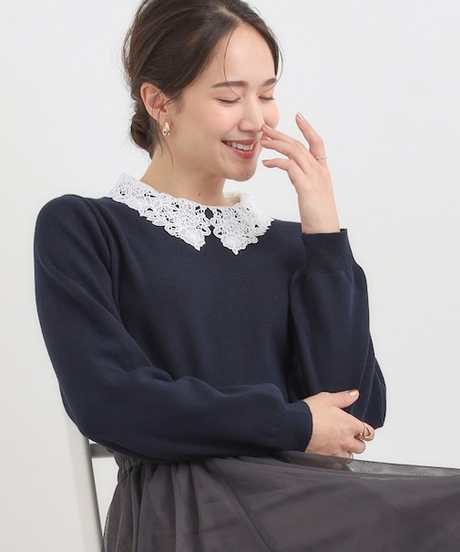 【襟取り外し可/S-LL】上品見え レース襟ニット