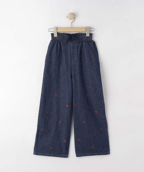 【130-150cm】刺繍使いワイドデニムパンツ
