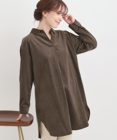 【洗濯機可/S-LL】すっきり見えにこだわった コーデュロイチュニックワンピース