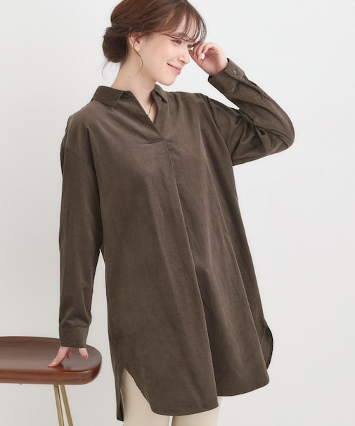 【洗濯機可/S-LL】すっきり見えにこだわった コーデュロイチュニックワンピース