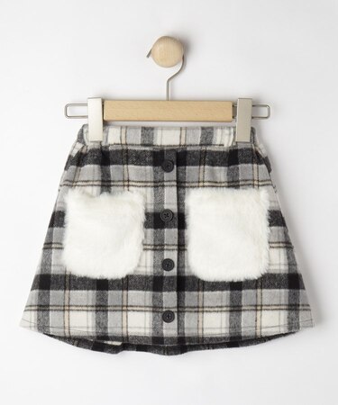 【100-150cm】フェイクファーポケットチェック台形スカート