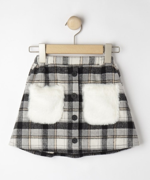 【100-150cm】フェイクファーポケットチェック台形スカート