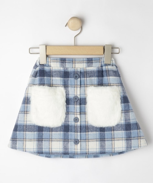 【100-150cm】フェイクファーポケットチェック台形スカート