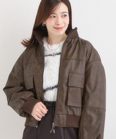 レザー調リブブルゾン